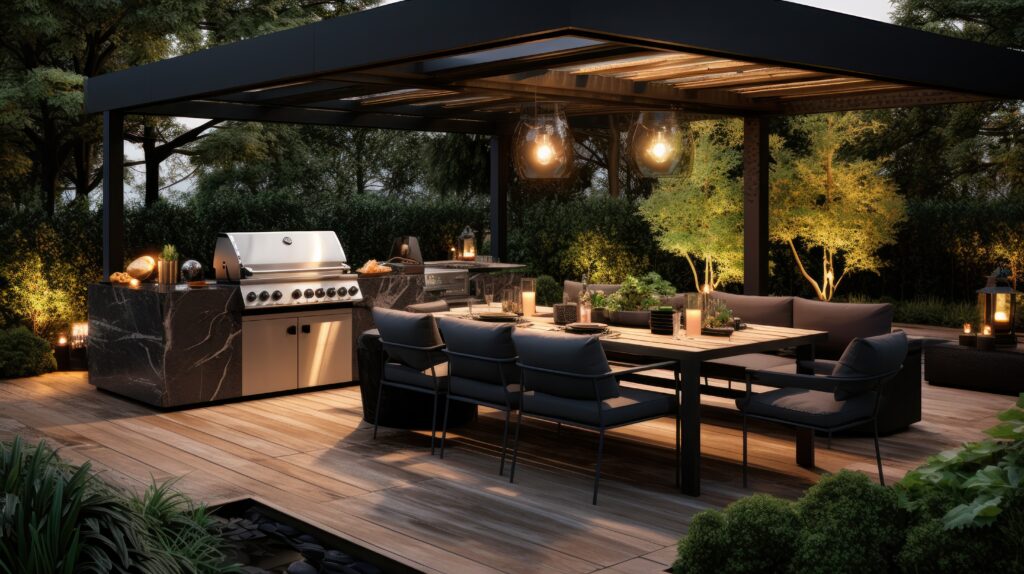 A black outdoor kitchen with plants on the deck
