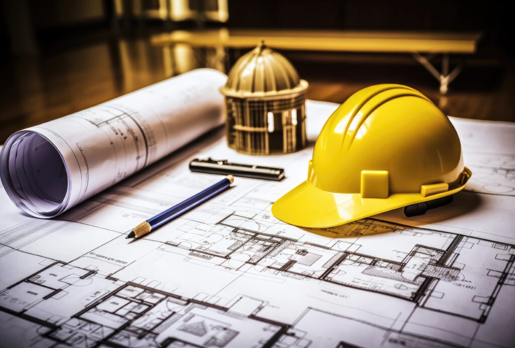 a hard hat sits on top of red blueprints on a table