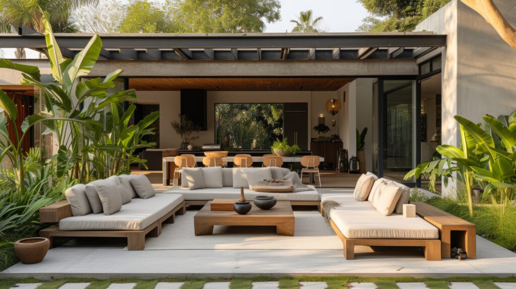An inviting outdoor patio with contemporary furniture and lush g