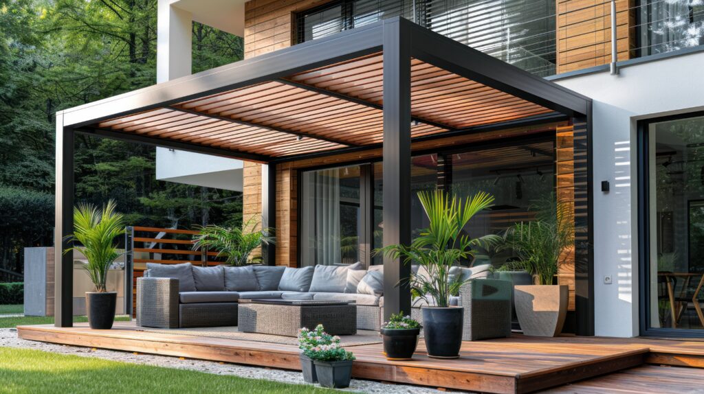 Beautiful modern terrace with wooden pergola and potted plants