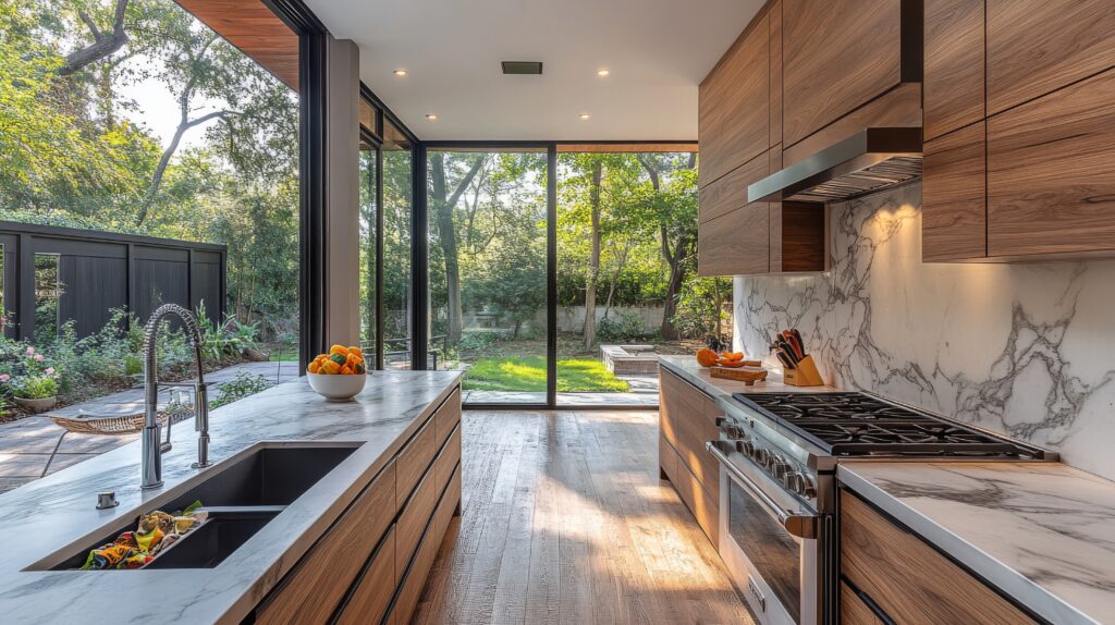 Modern kitchen with marble countertops and open views to a serene outdoor space in a contemporary home