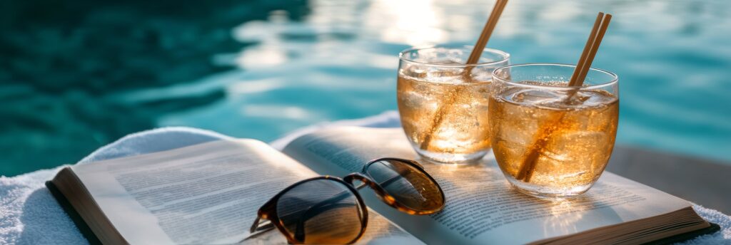 Relaxing by the pool with drinks, sunglasses, and an open book during a sunny afternoon